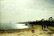 kustlandskap med figurer och hund pa sandstrand, Eugene Jansson